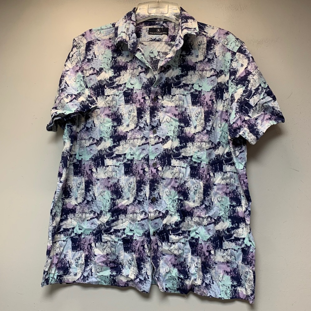 Hart Schaffner Marx Button Up Mens XL Purple Abstract Short Sleeve Shirt EXCL